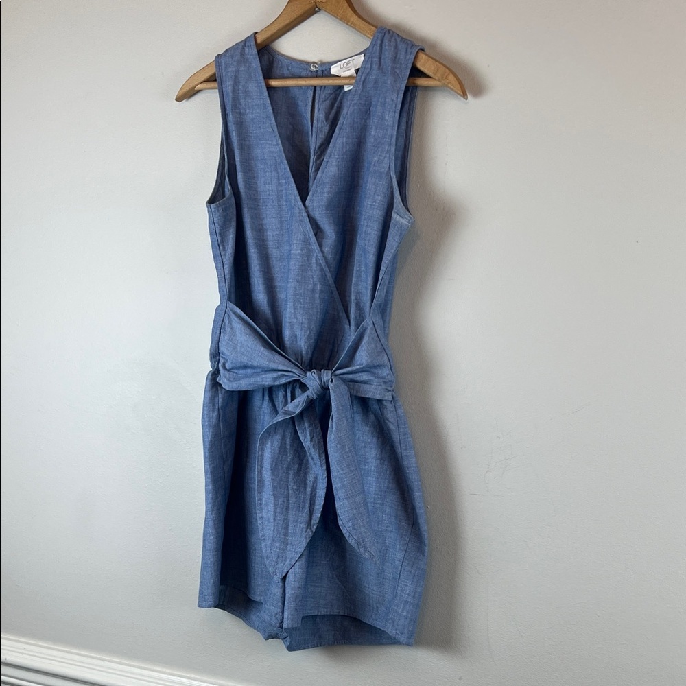 LOFT Blue Sleeveless Wrap Romper with Tie Waist